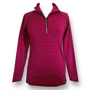 LL Bean Womens Base Layer Top XS Red Purple Stripe 1/4 Zip Thumbhole Cuff Shirt